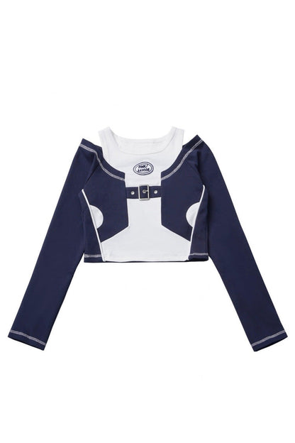 Blue White Techwear Embroidered Asymmetric Coat & Skirt Set