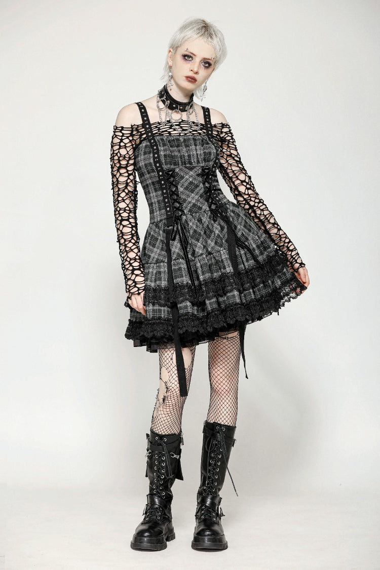 Charcoal Layered Lace Hem Plaid Slip Dress - Punk Party Attire