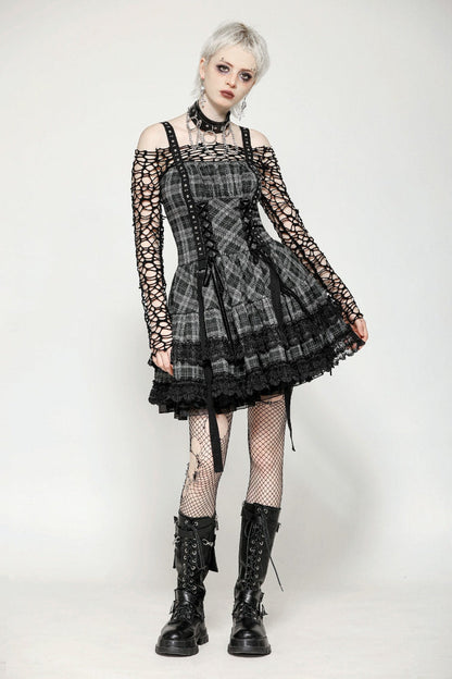 Charcoal Layered Lace Hem Plaid Slip Dress - Punk Party Attire