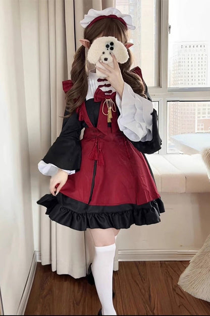 Black and Crimson Maid Long Trumpet Sleeves Ruffle Bow Classic Plus Size Chinese Lolita Set