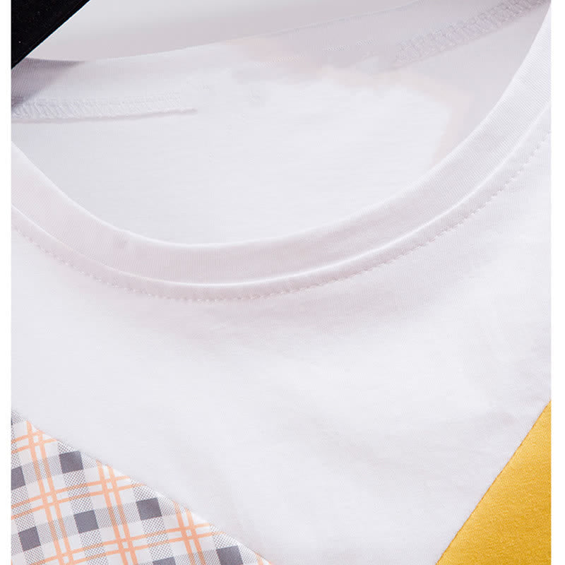 Denim Chic Round T-Shirt Collar Colorblock Pocketed Shorts