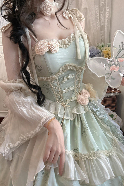 Emerald Chinese Ballet Lolita JSK Short Set - Tea Bamboo Song