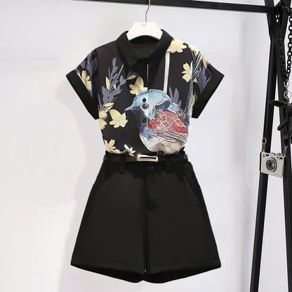 Floral Bird Print Chiffon T-Shirt Shorts Casual