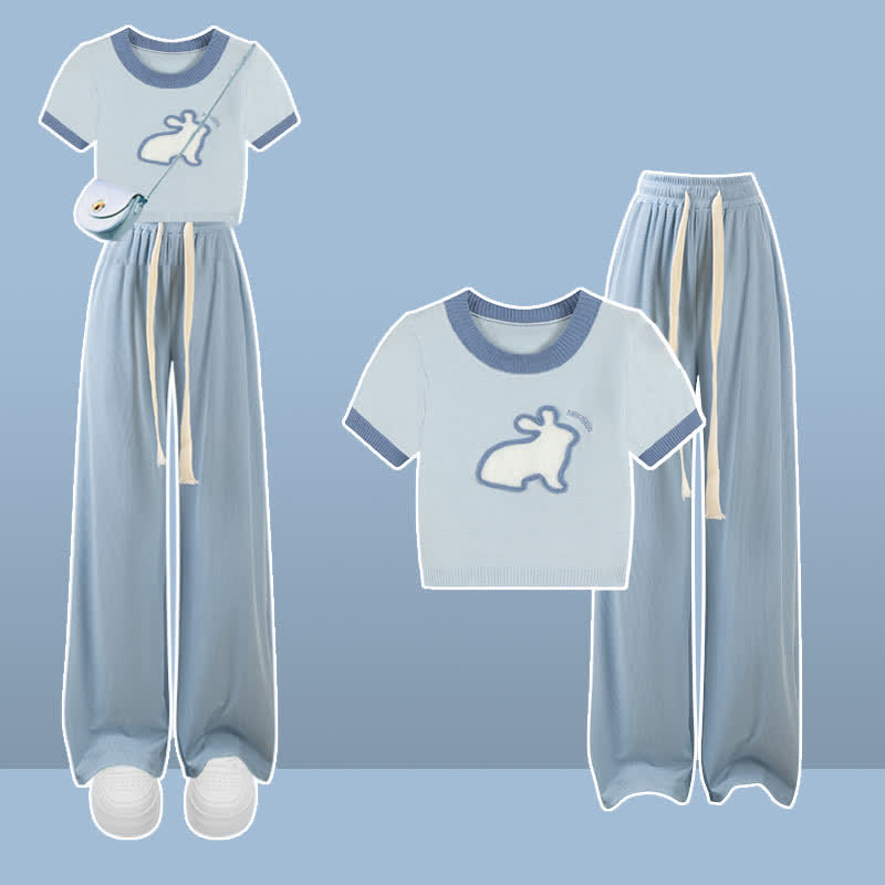 Knit Pattern Pants T-Shirt Blue Rabbit Cargo