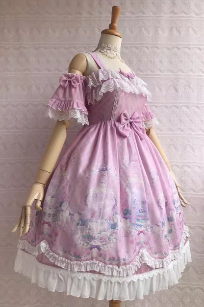 Sweetie Violet Unicorn Print Ruffle Jsk Dress - Secret Garden Lolita