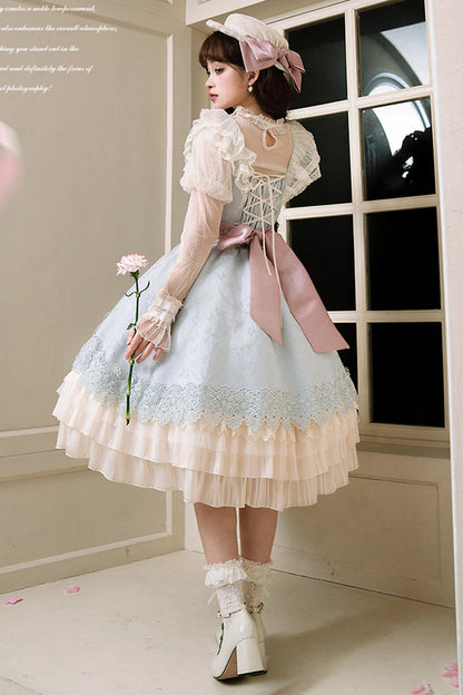 Cream Layered Asymmetrical Cardigan Ribbon Lolita JSK Dress