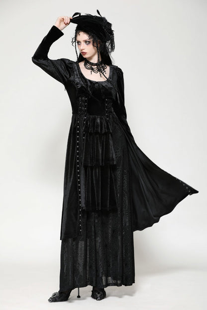 Coal Eyelet Side Slit Gothic Maxi Gown with Long Sleeves