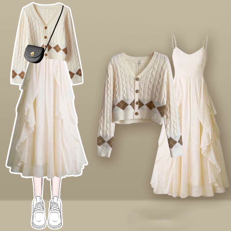 Sweater Slip Dress Rhombus Set Print Cardigan