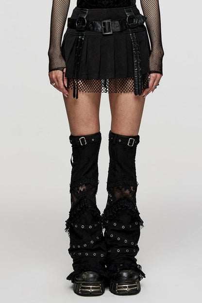 Pleated Punk Skirt with Strap Details and Mesh Panels
