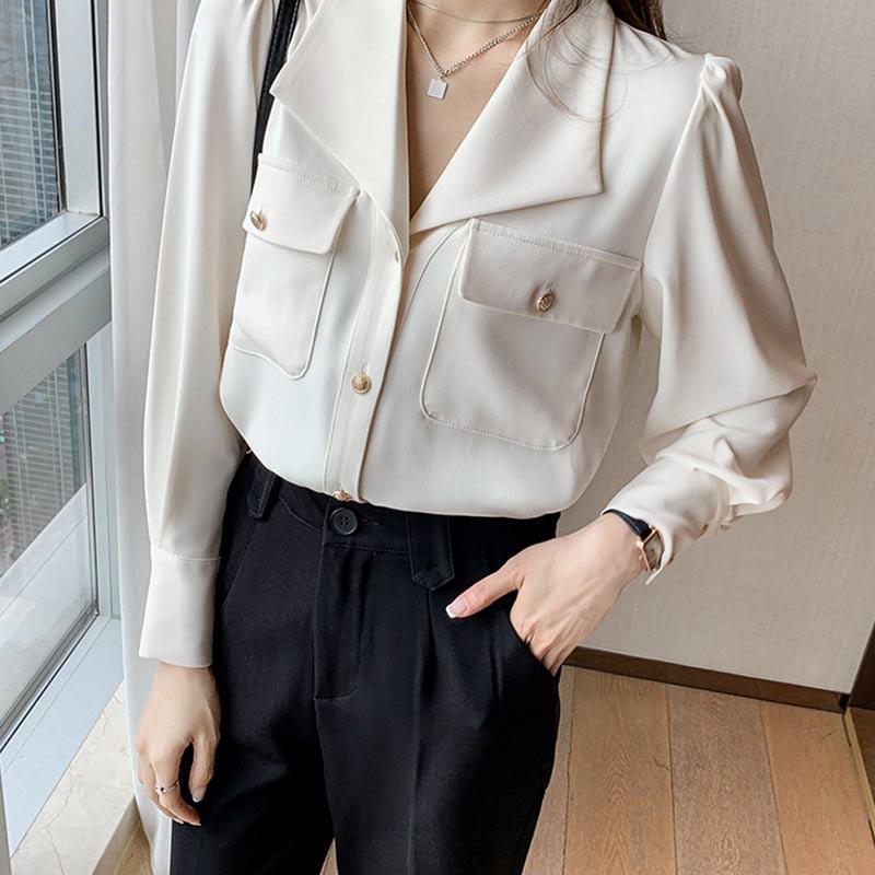 White Casual Lapel Neck Pocket Shirt