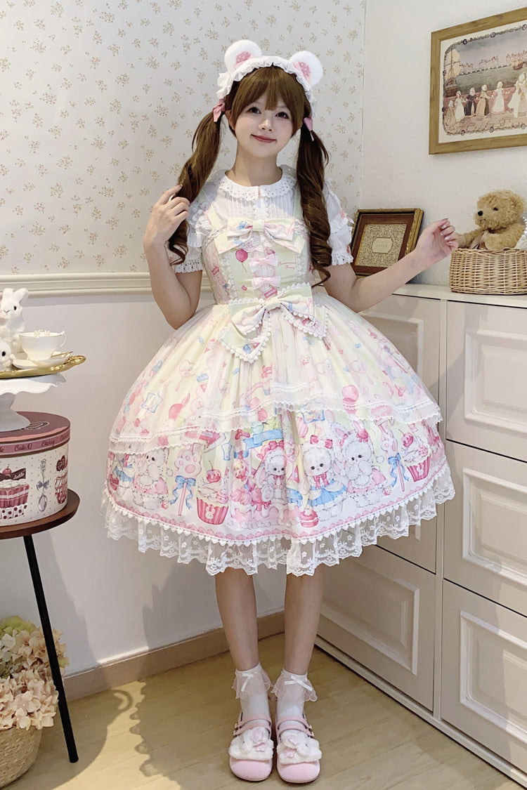 Golden Rabbit Print Ruffled Bow Lace Sweet JSK Attire