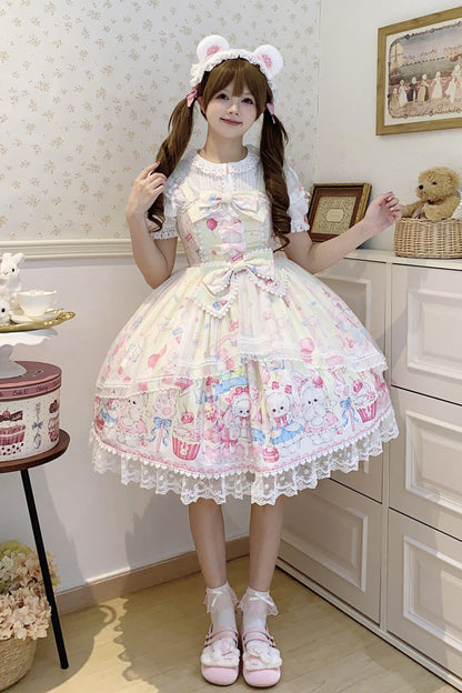 Golden Rabbit Print Ruffled Bow Lace Sweet JSK Attire