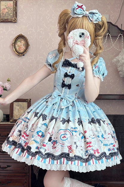 Square-Neck Ruffle Bow Dress with Lace and Print