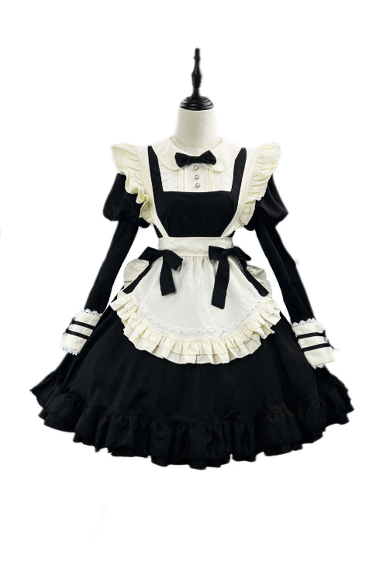 Black White Maid Long Sleeve Ruffle Bow Sweet Plus Size Lolita Dress Full Set