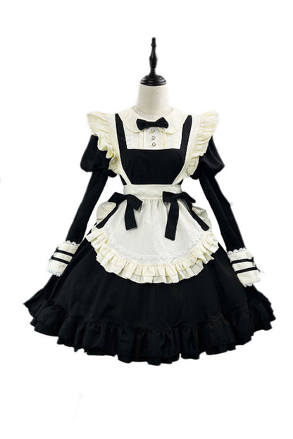 Black White Maid Long Sleeve Ruffle Bow Sweet Plus Size Lolita Dress Full Set