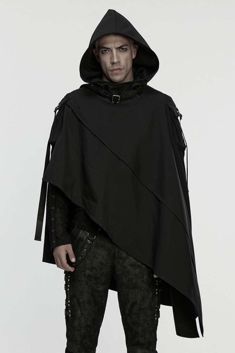 Buckle Strap Hooded Black Asymmetric Punk Cloak Men's