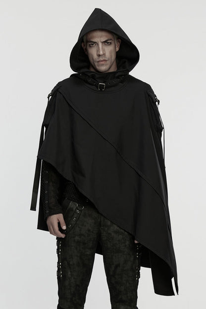Buckle Strap Hooded Black Asymmetric Punk Cloak Men's