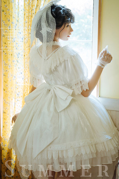 Ivory Multi-Layered Ruffled Hollow Bow Lace Vintage Lolita Dress