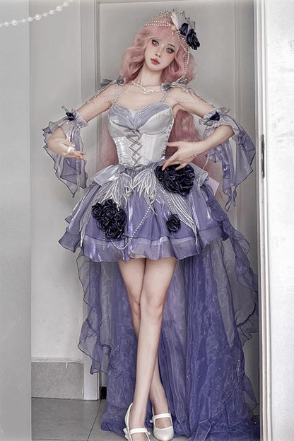 Misty Purple Sweet Ballet Lolita Swan Wonderland Embroidery Lace-Up Mini JSK Dress