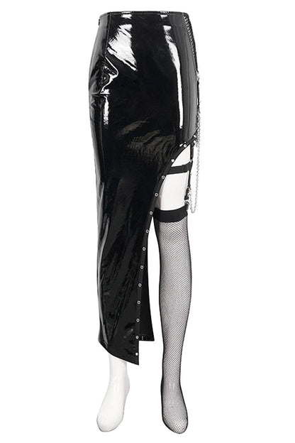 Patent Leather Asymmetric Black Punk Skirt with Mesh Stocking