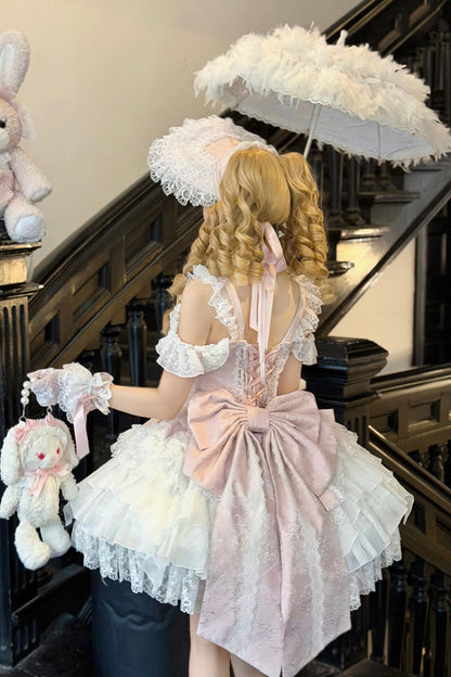 Rose Pearl Ballet Square Neck Sleeveless Layered Ruffles Bow Lace-Up Pearl Decor JSK