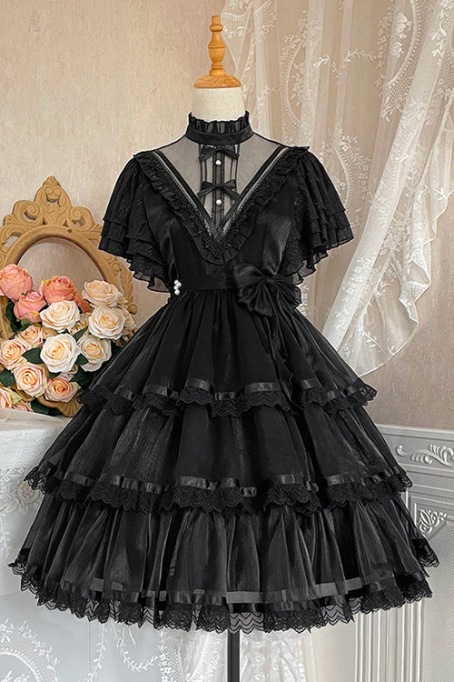 Dark Black High-Waisted Gothic Lolita Tiered Dress with Ruffled Hem