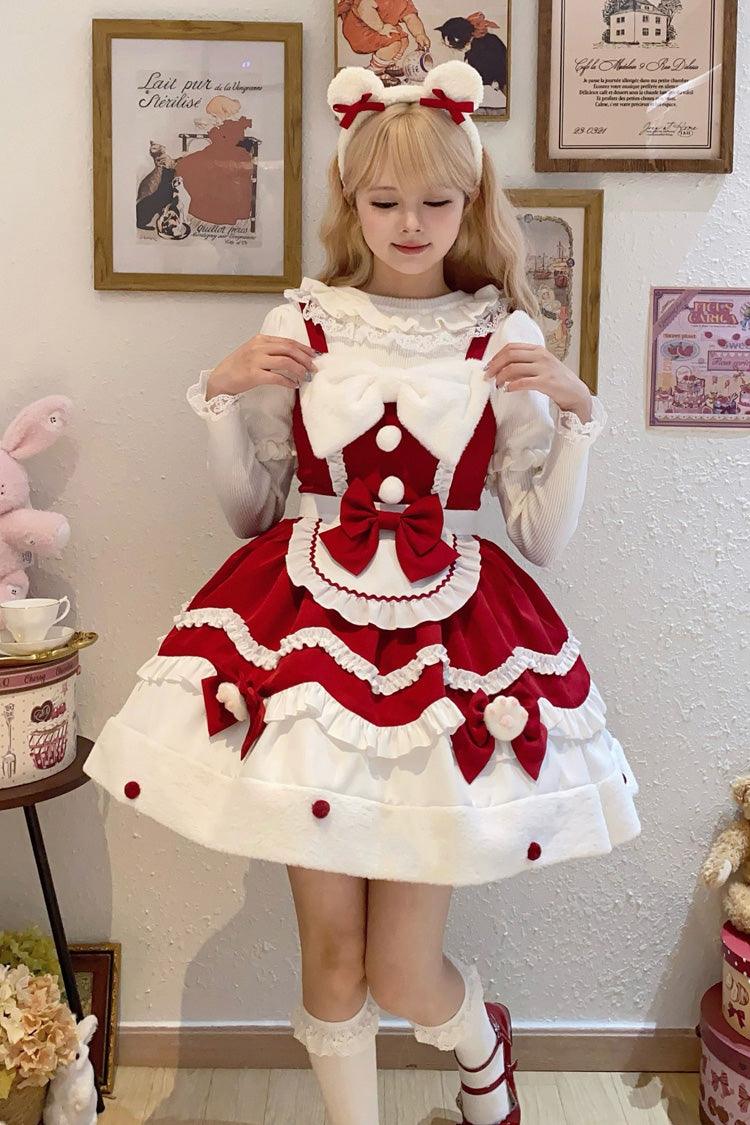 Sweet Lolita Cream Snow Cat Winter Ruffle Bowknot JSK Dress