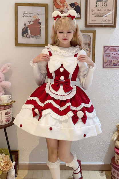 Sweet Lolita Cream Snow Cat Winter Ruffle Bowknot JSK Dress