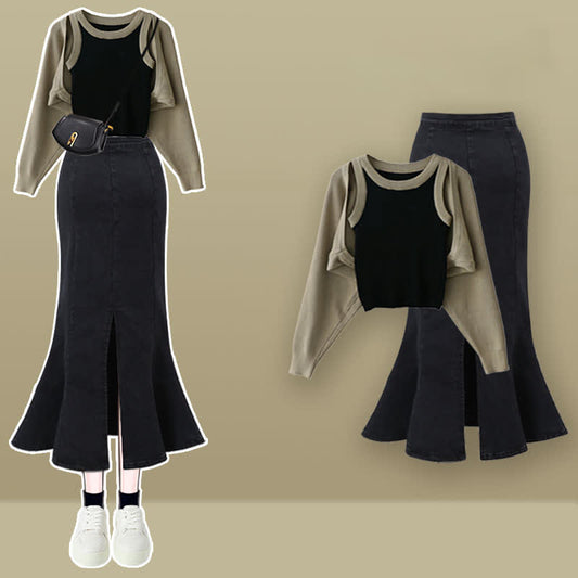 Denim Knitted Cami Chic Skirt Top Cardiagn