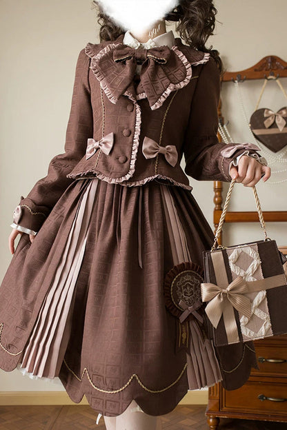Brown Teddy Chocolate Bar Print Embroidered Bow Lace-Up Classic Lolita JSK Skirt