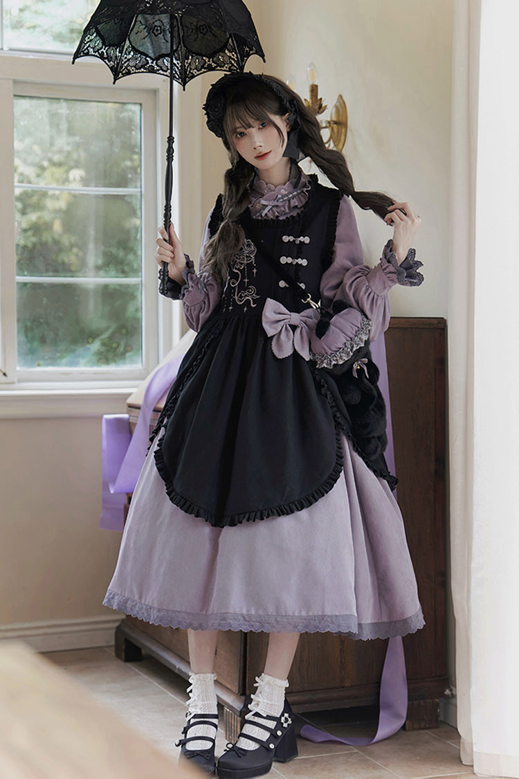 Black Purple Petal Collar Drawstring Chinese Lolita Set