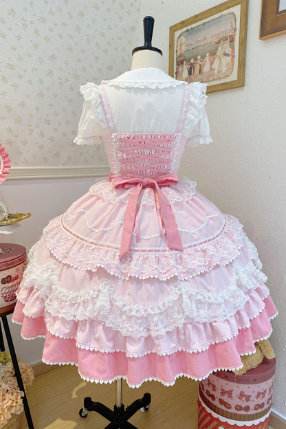 Pink Fondant Cake Sleeveless Multi-Layer Ruffle Bow Lace Sweet JSK Dress