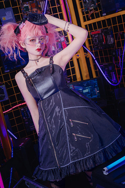 Black Zippered Gothic Lolita JSK Dress with Ruffled Multi-Layer Cardigan