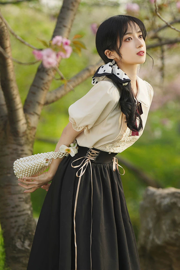 Solid Color Lapel Collar Short Sleeves High Waist Lace-Up Wave Hem Classic Lolita Two-Piece Set 7 Colors