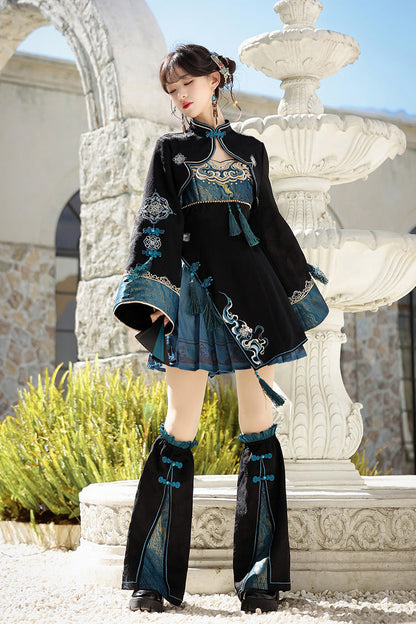 Cut-Out Embroidered Chinese Style Jumper Dress - Black/Blue Misty Teal