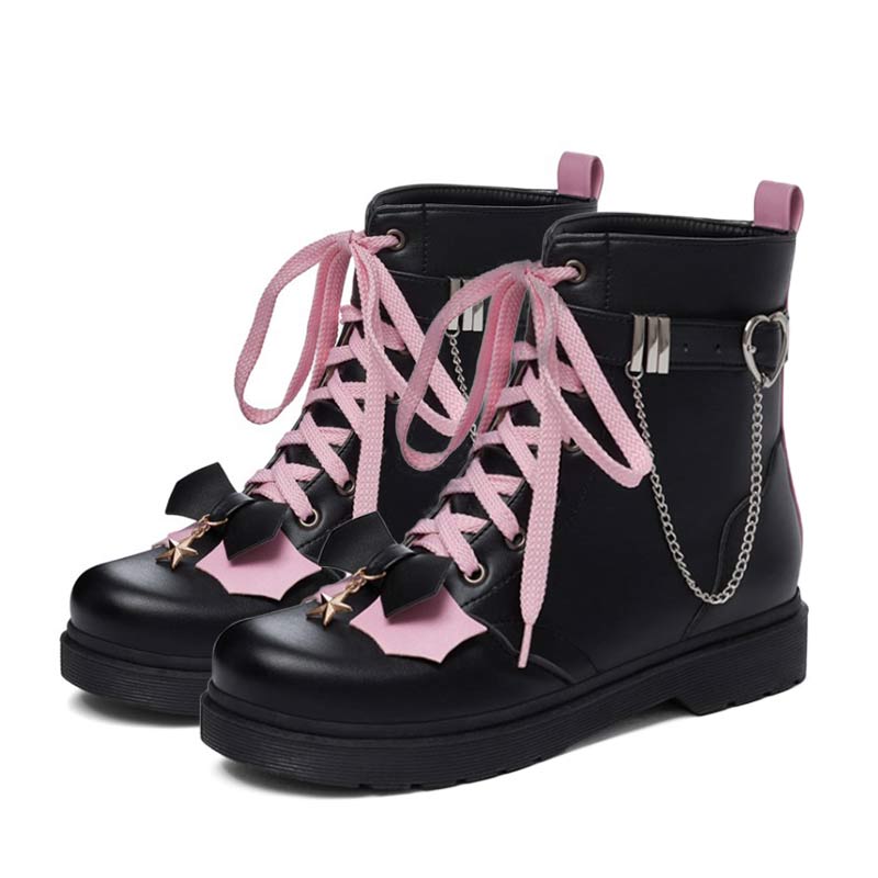 Pink Bow Knot Chain Lace-up Front Boots