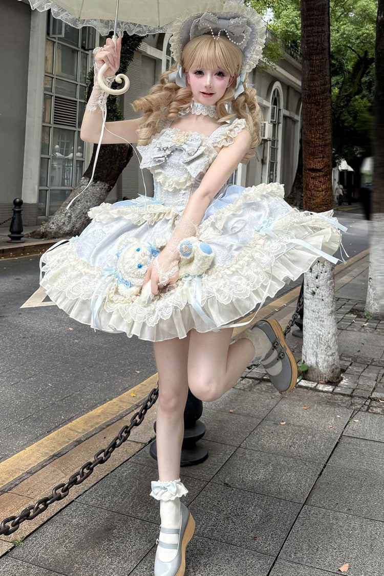 Blue Blossoming Heart Love Sleeveless Dark Jacquard Print Bow Lace Sweet Lolita Jsk Dress