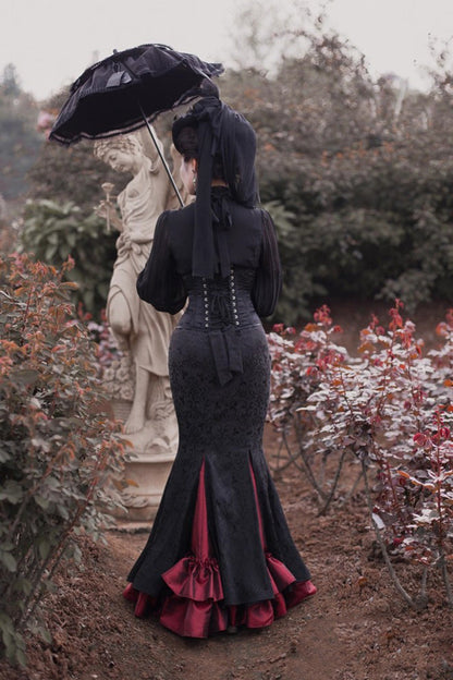Lorelei Mermaid Maxi Skirt with Double Print and Ruffle - Noir