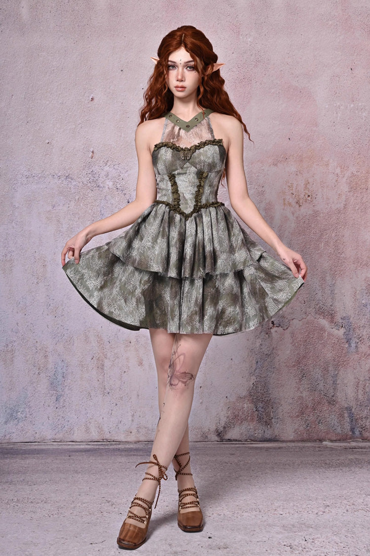 Light Green Halterneck Double-Layer Print Ruffle Lace Tie-Dye Vintage JSK Dress
