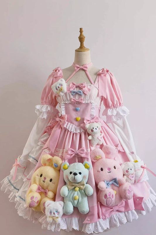 Pink Square-Collar Printed Doll Party Detachable-Sleeved Ruffled Bow-Trim Sweet Princess Lolita Dress