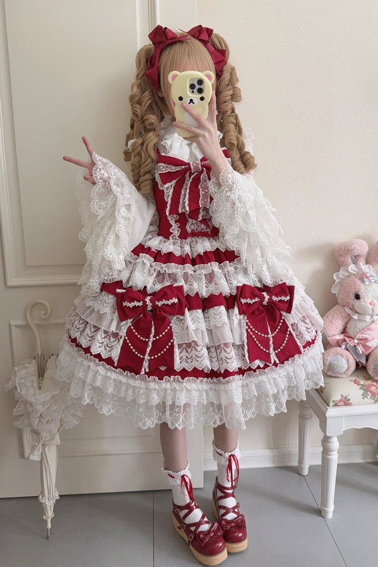 Wine Red Crossed Heart Knot Sleeveless Multi-Layered Ruffle Hanayome Cardigan Bow Lace Lace-Up Sweet Jsk Dress