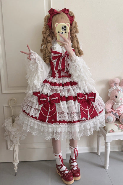 Wine Red Crossed Heart Knot Sleeveless Multi-Layered Ruffle Hanayome Cardigan Bow Lace Lace-Up Sweet Jsk Dress