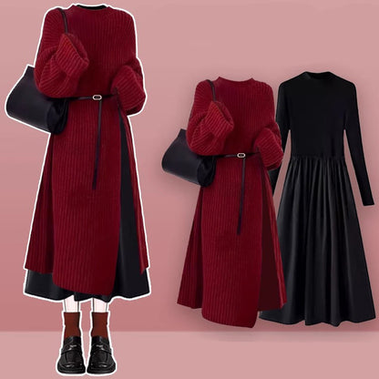 Sweater Pieces Dress Set Knit Two Black