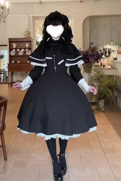 Black Long Sleeve Ruffle Bow Maid Gothic Lolita Dress Cloak Two Piece Set