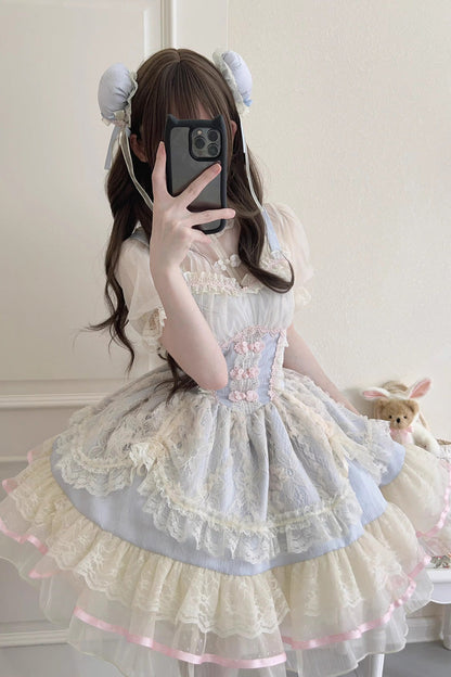 Flower Bud Halterneck Print Ruffle Lace Jsk - Chinese Ballet Lolita