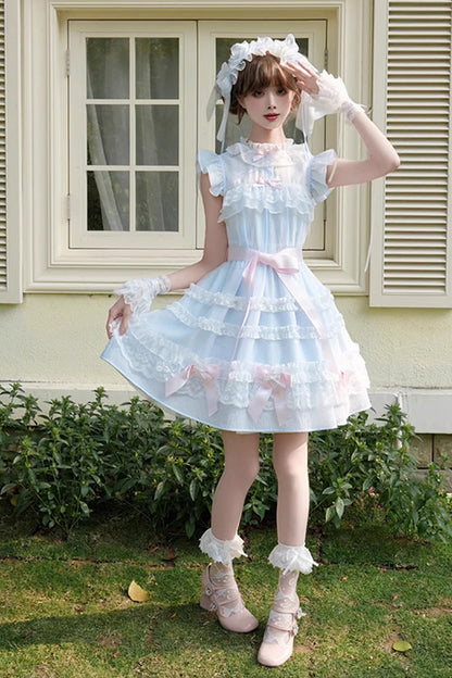 Blue Frosted Cake Stand Collar Sleeveless Ruffle Bow Lace Sweet Japanese Princess Lolita Tiered Dress