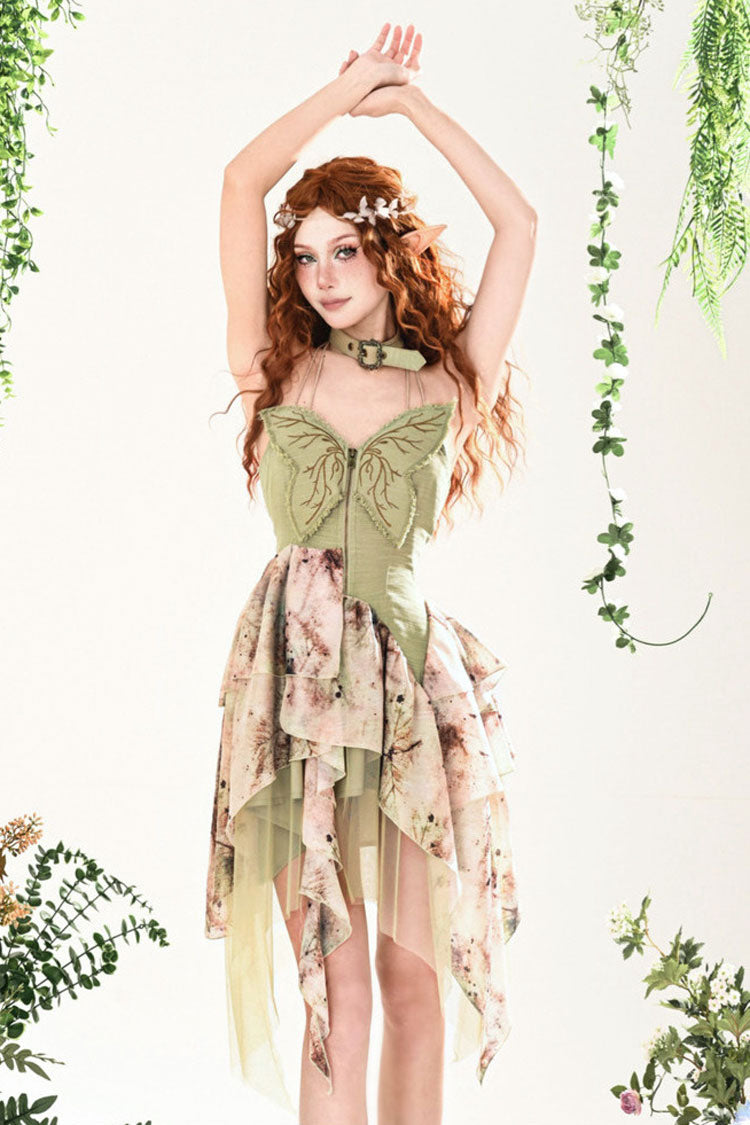 Green Forest Wandering 3D Butterfly Embroidery Lace Irregular Sweet JSK Dress