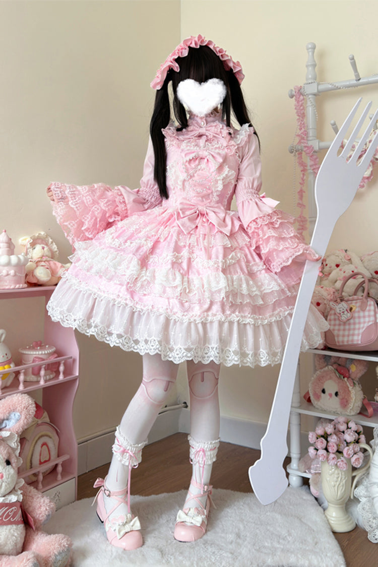 Rose Sleeveless Multi-Tier Ruffle Bow Lace Pearl Sweet Lolita Jumper - Love and Heart Flutter