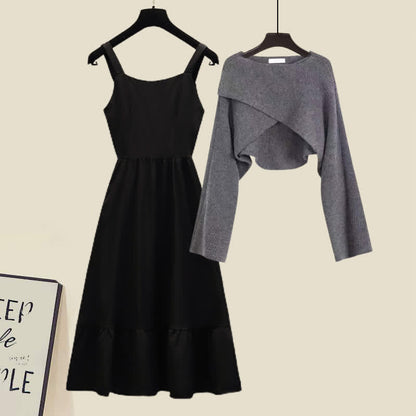 Knit Sweater Cross Slip Dress Ruffled Hem