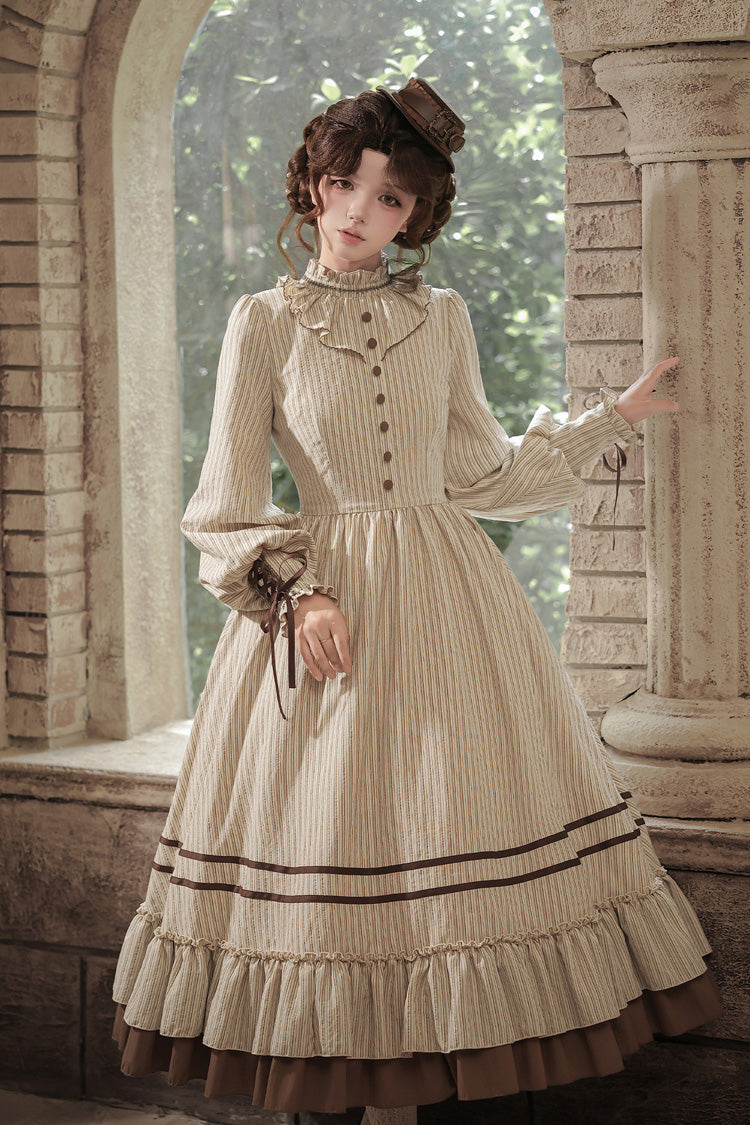 At Sunset Round-Collar Lantern-Sleeved Double-Layered Printed Ruffled Classic Lolita Dress in Beige and Brown, 2 Versions